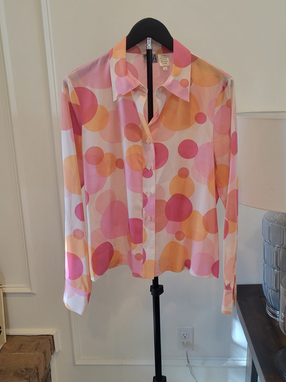 Vintage IRKA Silk Button-Down Shirt in Pink & Orange Dot Print
